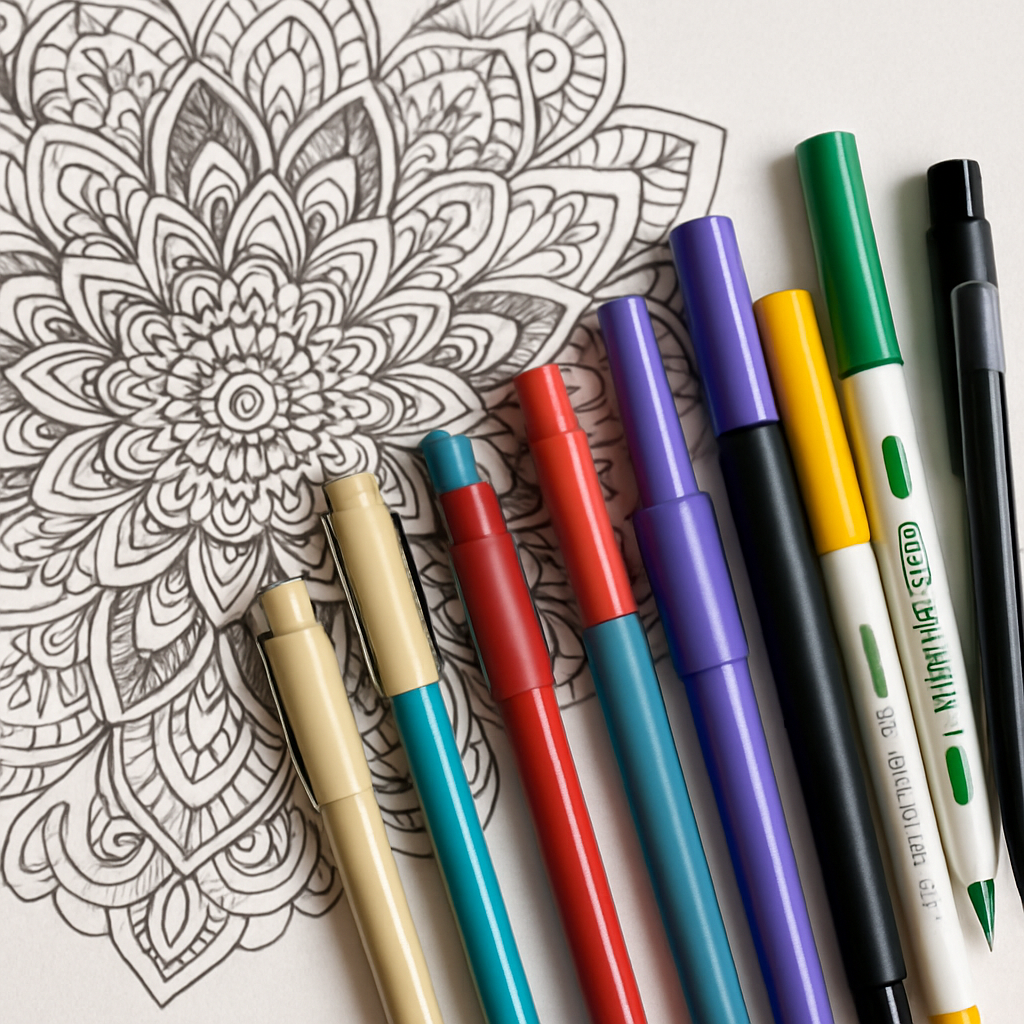 Coloring tools like crayons and pens displayed on a wooden table with a mandala page