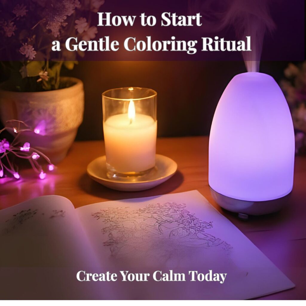 Soft candlelight, lavender diffuser, and open coloring book creating a peaceful atmosphere for a gentle coloring ritual