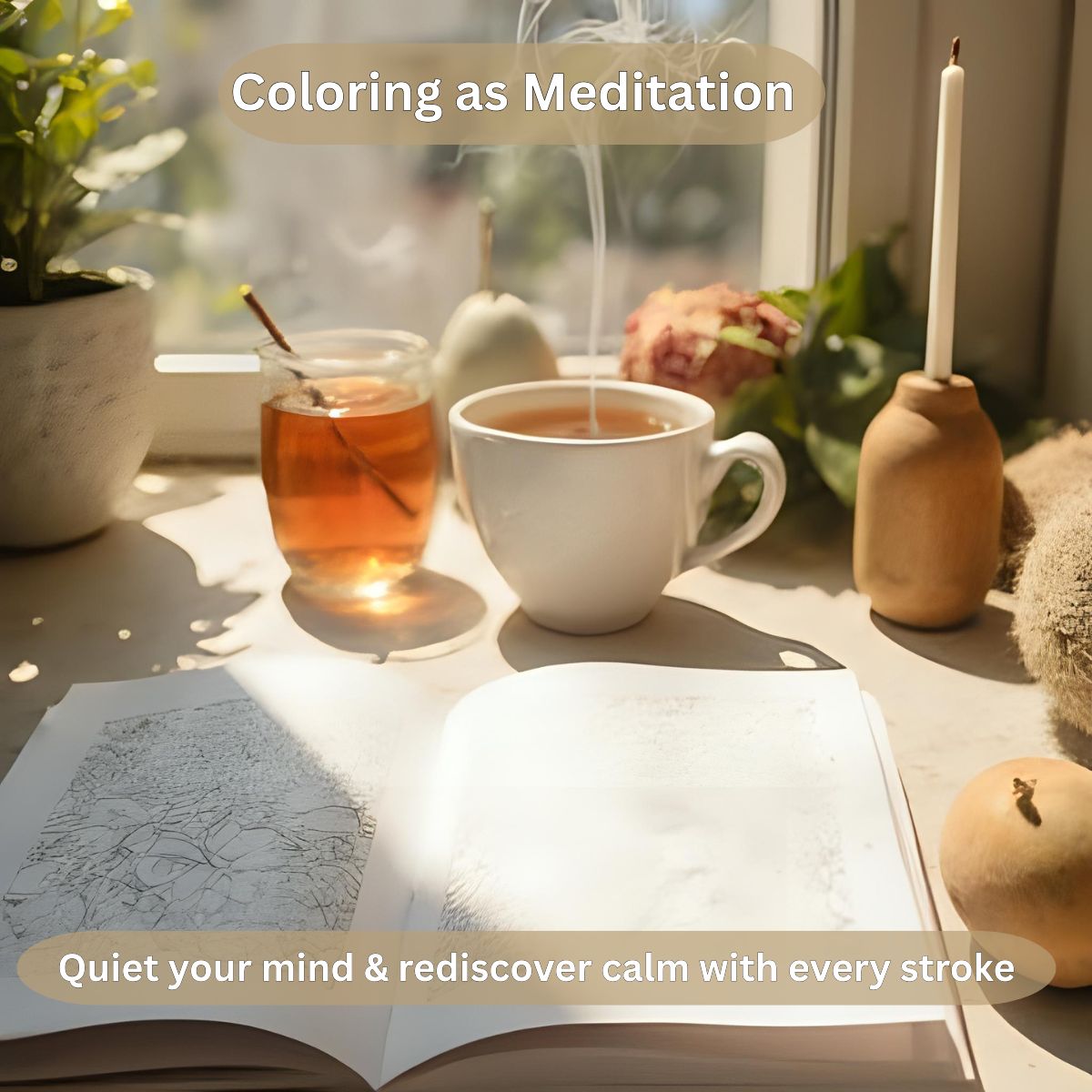 Coloring meditation scene with an open coloring book, a cup of tea, and gentle morning light to invite calm and focus.